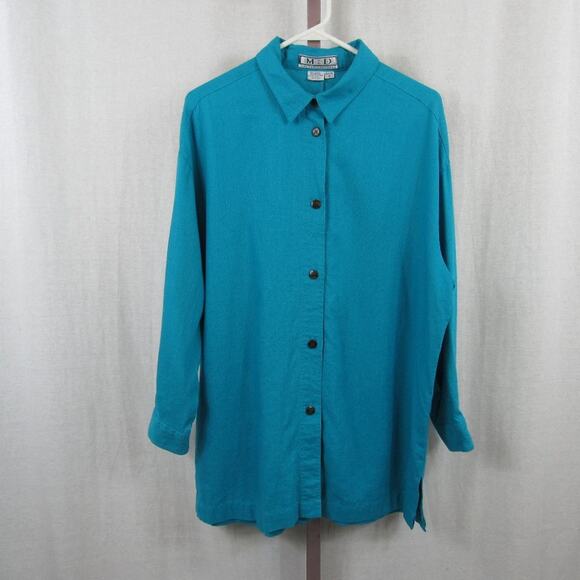 Matter of Degrees Women's Medium Turquoise Linen Blend Button Up Shirt Long Line - Picture 1 of 5